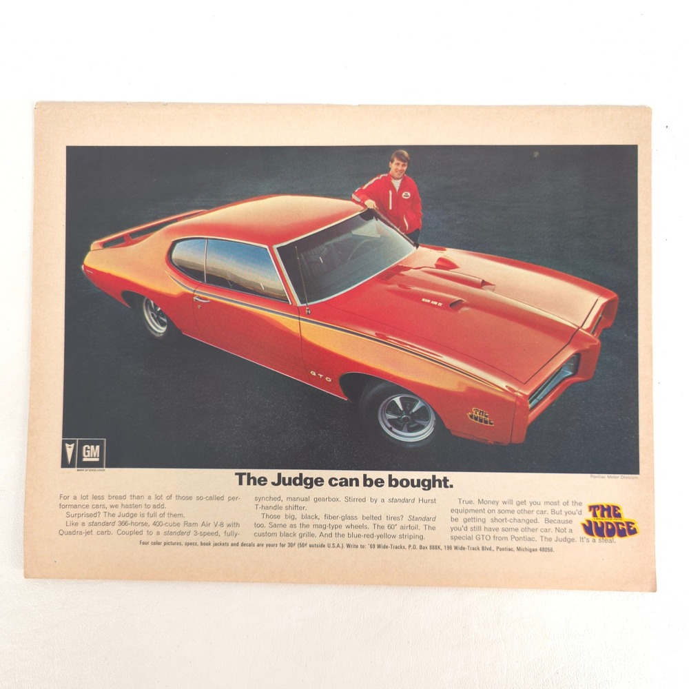 Vintage Pontiac GTO Judge Print Ad Muscle Car Garage Wall Decor Car Show Display